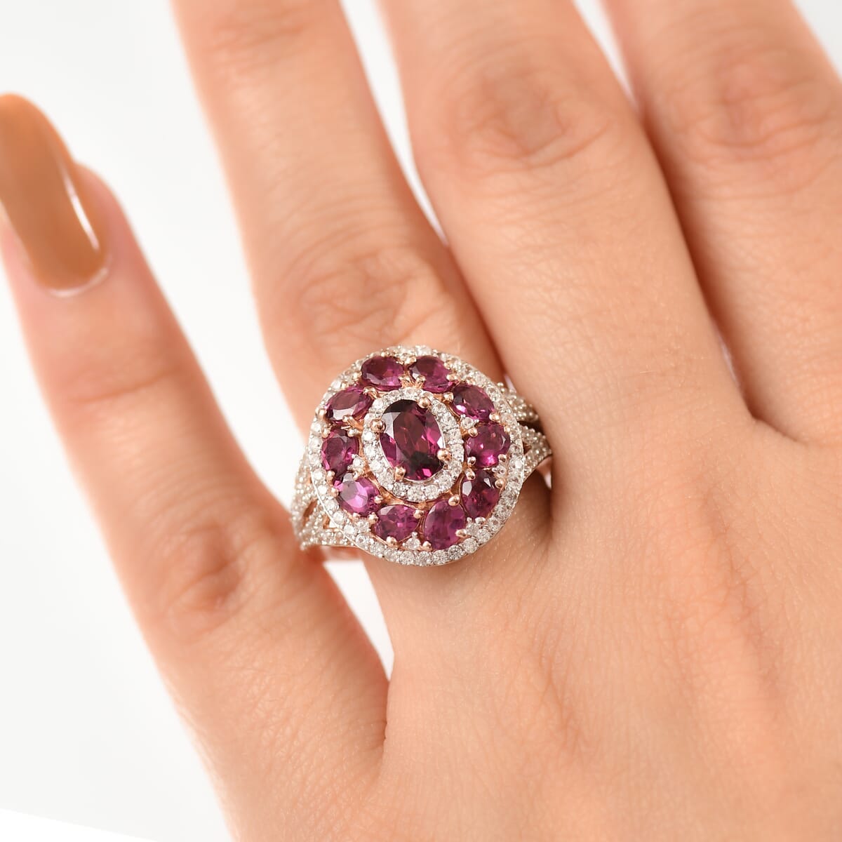 D'Joy Radiant Ember Garnet and White Zircon 4.25 ctw Royal Halo Ring in 18K Vermeil Rose Gold Over Sterling Silver (Size 10.0) image number 2