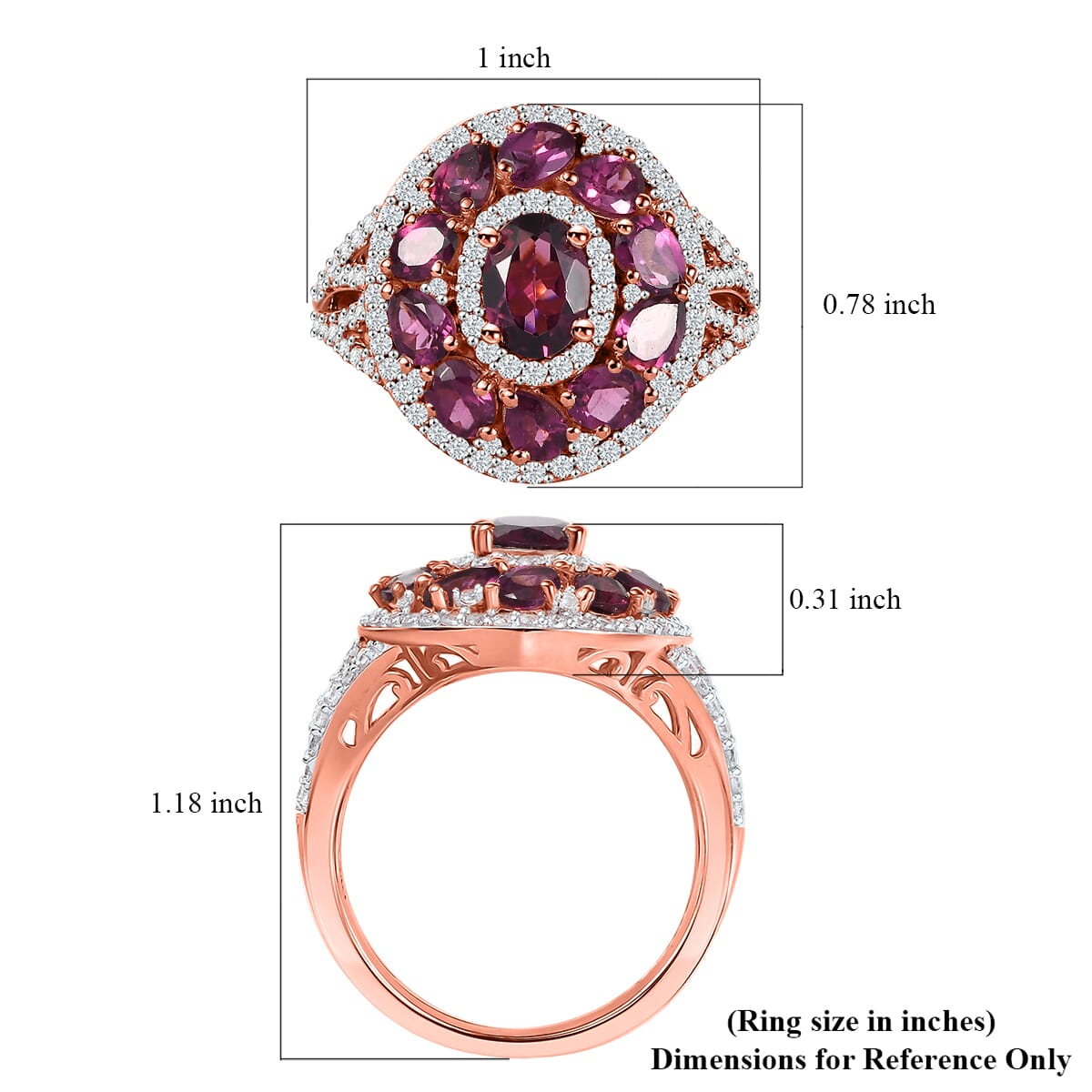 D'Joy Radiant Ember Garnet and White Zircon 4.25 ctw Royal Halo Ring in 18K Vermeil Rose Gold Over Sterling Silver (Size 10.0) image number 5