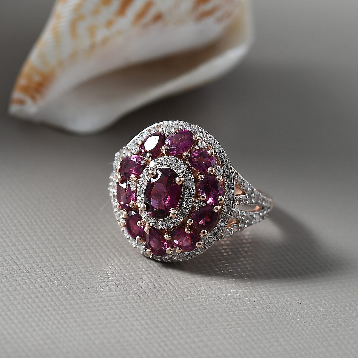 D'Joy Radiant Ember Garnet and White Zircon 4.25 ctw Royal Halo Ring in 18K Vermeil Rose Gold Over Sterling Silver (Size 7.0) image number 1