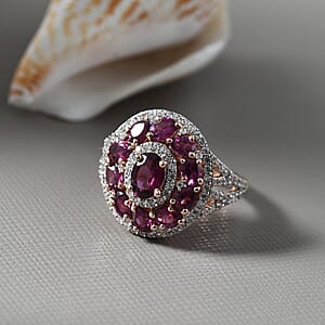 D'Joy Radiant Ember Garnet and White Zircon 4.25 ctw Royal Halo Ring in 18K Vermeil Rose Gold Over Sterling Silver (Size 7.0)