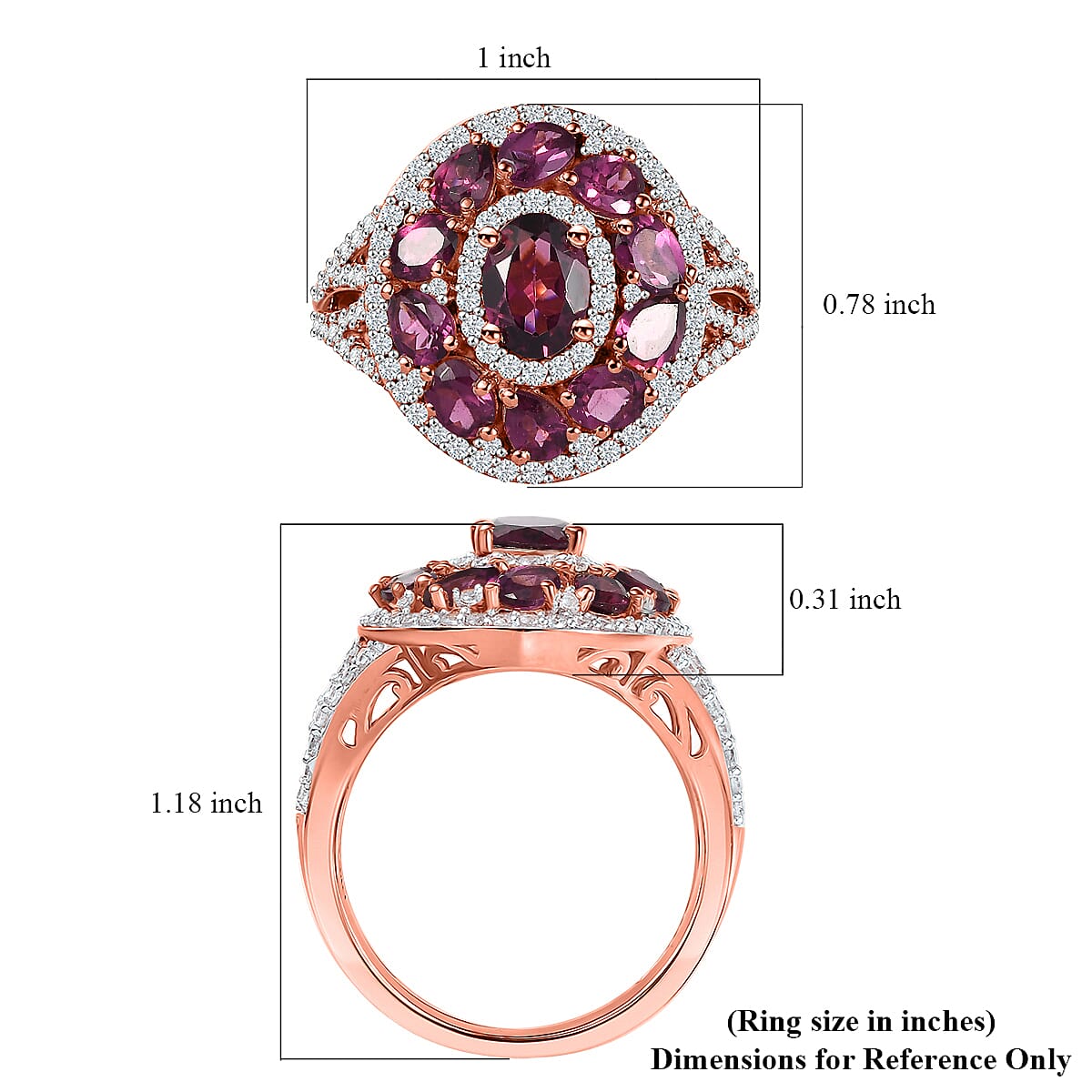 D'Joy Radiant Ember Garnet and White Zircon 4.25 ctw Royal Halo Ring in 18K Vermeil Rose Gold Over Sterling Silver (Size 7.0)