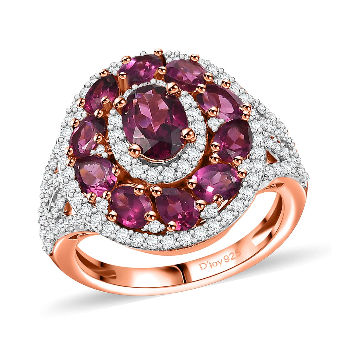 D'Joy Radiant Ember Garnet and White Zircon 4.25 ctw Royal Halo Ring in 18K Vermeil Rose Gold Over Sterling Silver (Size 8.0) image number 0