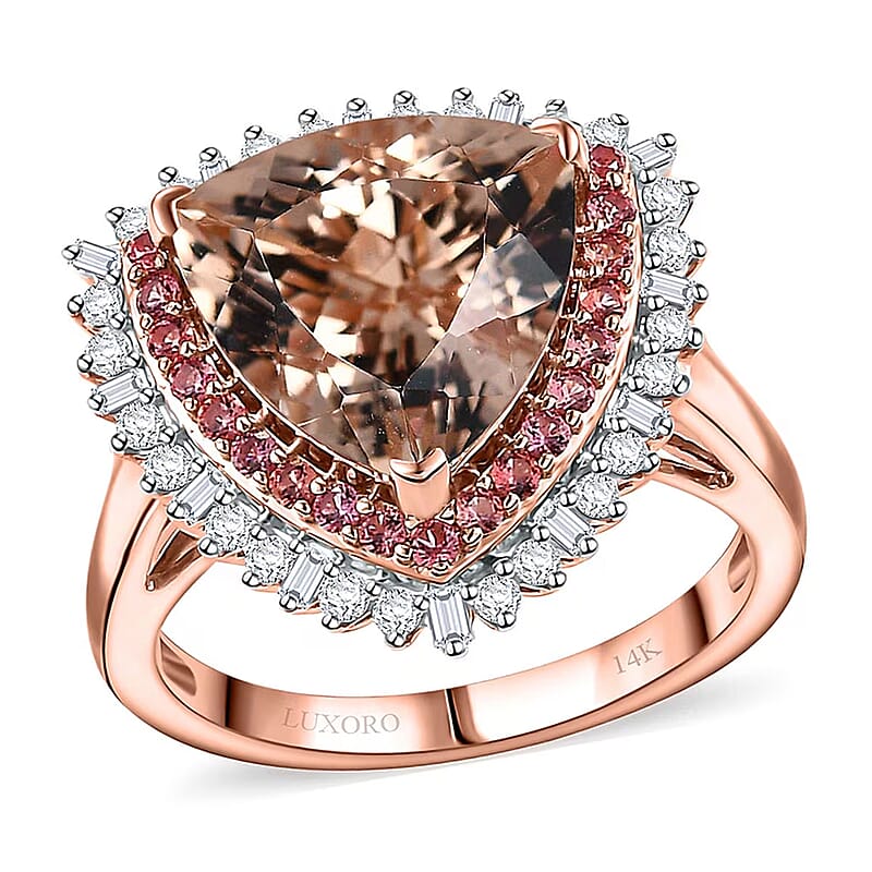 Luxoro AAA Mangoro Morganite, Padparadscha Sapphire (BT) and G-H I2 Diamond 6.00 ctw Ring in 14K Rose Gold (Size 5.0)