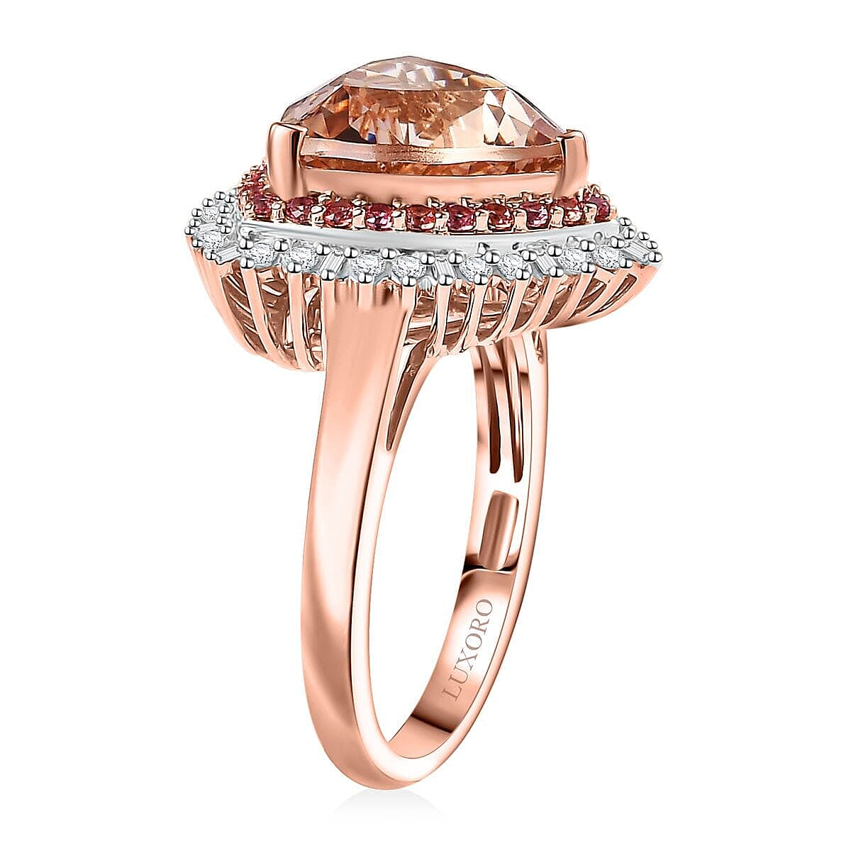 Luxoro AAA Mangoro Morganite, Padparadscha Sapphire (BT) 5.0) and G-H I2 Diamond 6.00 ctw Ring in 14K Rose Gold (Size 9.0) image number 3