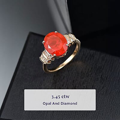 Epic Deal Luxoro 10K Yellow Gold Premium Crimson Fire Opal, Diamond (I2) (0.20 cts) Ring (Size 5.0) 3.45 ctw