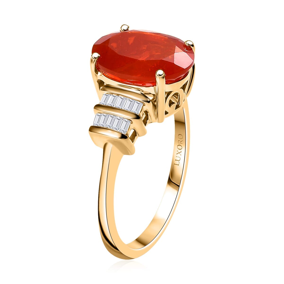 Epic Deal Luxoro 10K Yellow Gold Premium Crimson Fire Opal, Diamond (I2) (0.20 cts) Ring (Size 5.0) 3.45 ctw image number 3