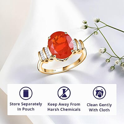 Epic Deal Luxoro 10K Yellow Gold Premium Crimson Fire Opal, Diamond (I2) (0.20 cts) Ring (Size 5.0) 3.45 ctw