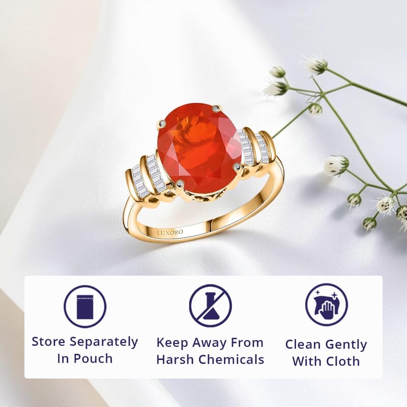 Epic Deal Luxoro 10K Yellow Gold Premium Crimson Fire Opal, Diamond (I2) (0.20 cts) Ring (Size 5.0) 3.45 ctw