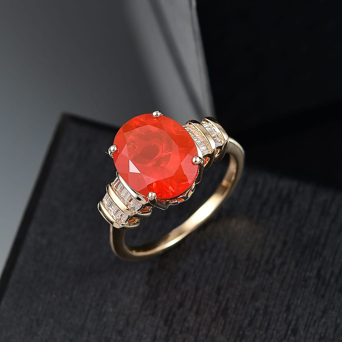 Luxoro Premium Crimson Fire Opal and I2 Diamond 3.45 ctw Dawnfire Ring in 10K Yellow Gold (Size 6.0) image number 1