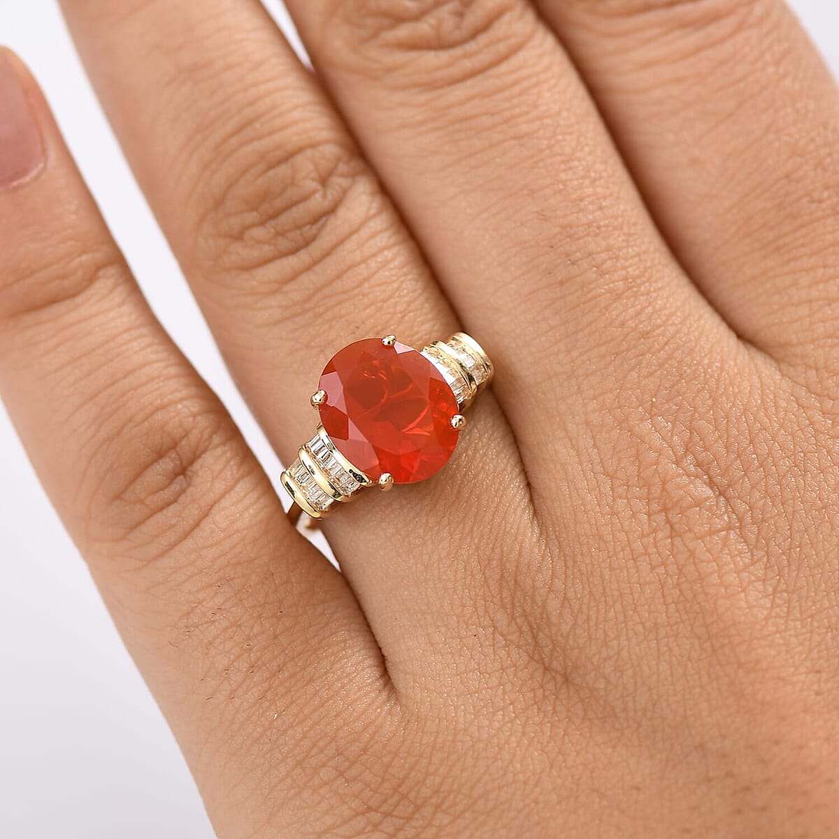 Luxoro Premium Crimson Fire Opal and I2 Diamond 3.45 ctw Dawnfire Ring in 10K Yellow Gold (Size 6.0) image number 2