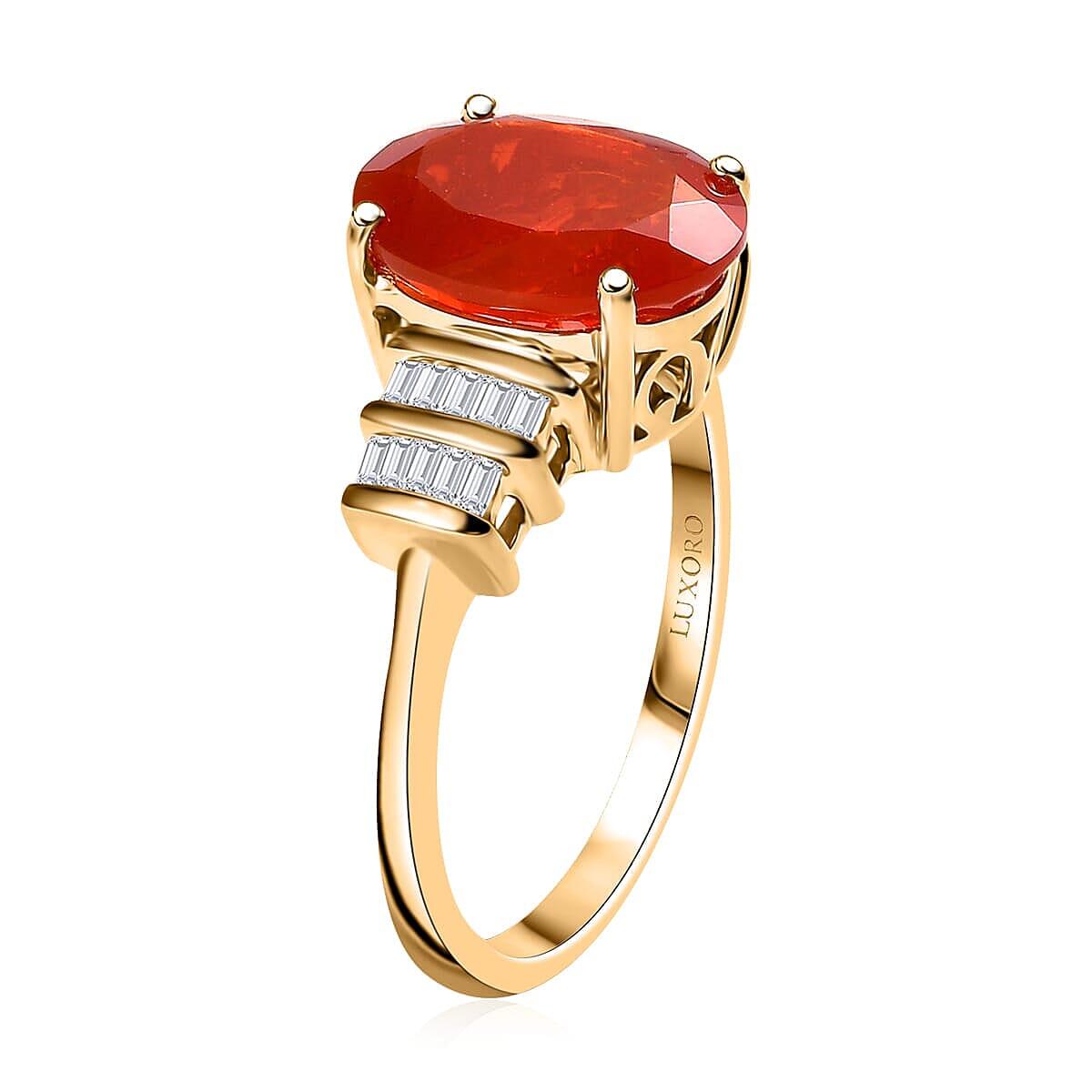 Luxoro Premium Crimson Fire Opal and I2 Diamond 3.45 ctw Dawnfire Ring in 10K Yellow Gold (Size 6.0) image number 3