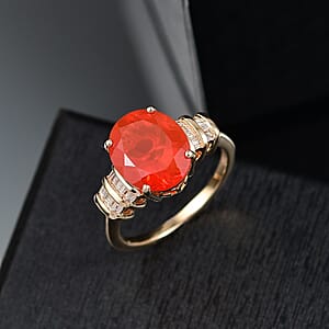 Luxoro Premium Crimson Fire Opal and I2 Diamond 3.45 ctw Dawnfire Ring in 10K Yellow Gold (Size 7.0)
