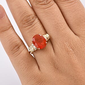 Luxoro Premium Crimson Fire Opal and I2 Diamond 3.45 ctw Dawnfire Ring in 10K Yellow Gold (Size 7.0)