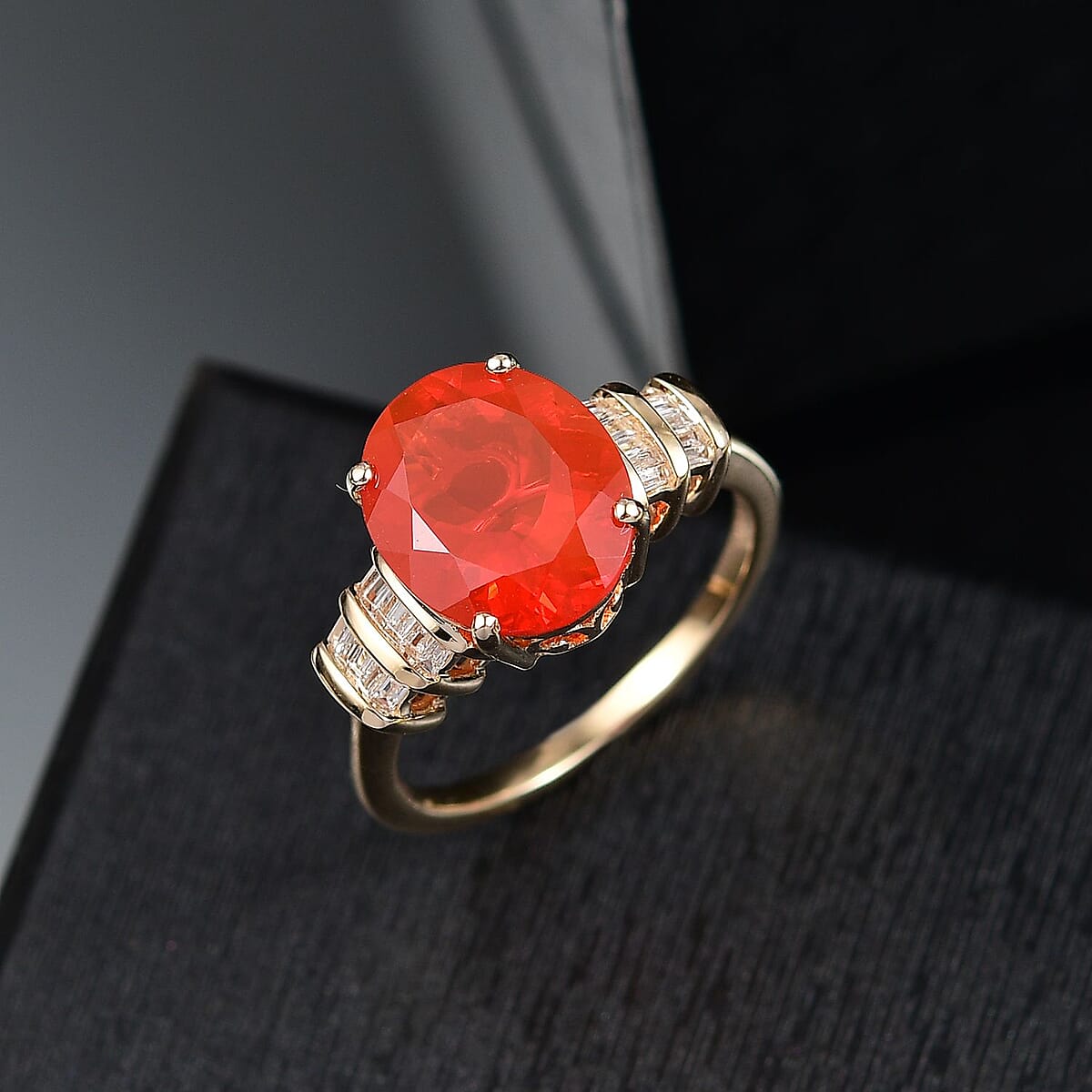 Luxoro Premium Crimson Fire Opal and I2 Diamond 3.45 ctw Dawnfire Ring in 10K Yellow Gold (Size 8.0) image number 1