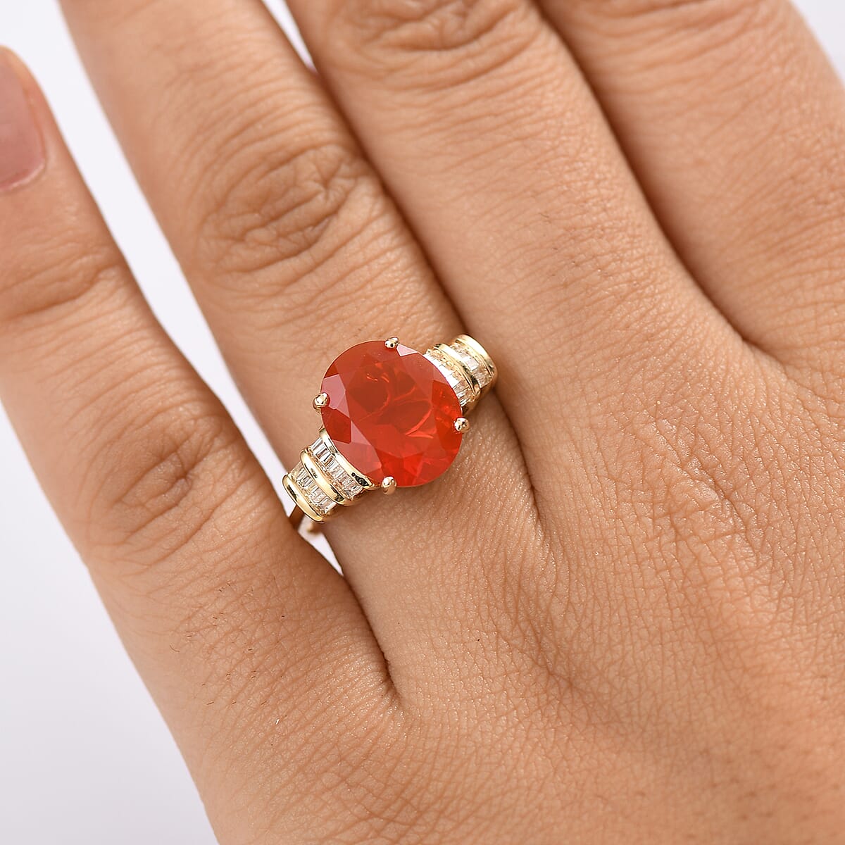Luxoro Premium Crimson Fire Opal and I2 Diamond 3.45 ctw Dawnfire Ring in 10K Yellow Gold (Size 9.0) image number 2