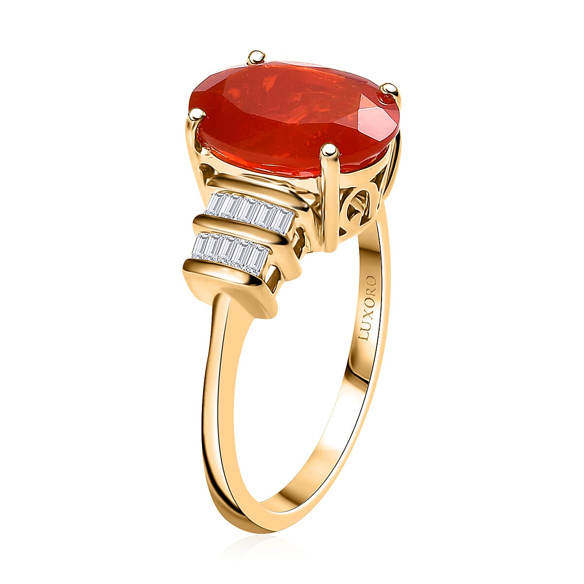 Luxoro Premium Crimson Fire Opal and I2 Diamond 3.45 ctw Dawnfire Ring in 10K Yellow Gold (Size 9.0) image number 3