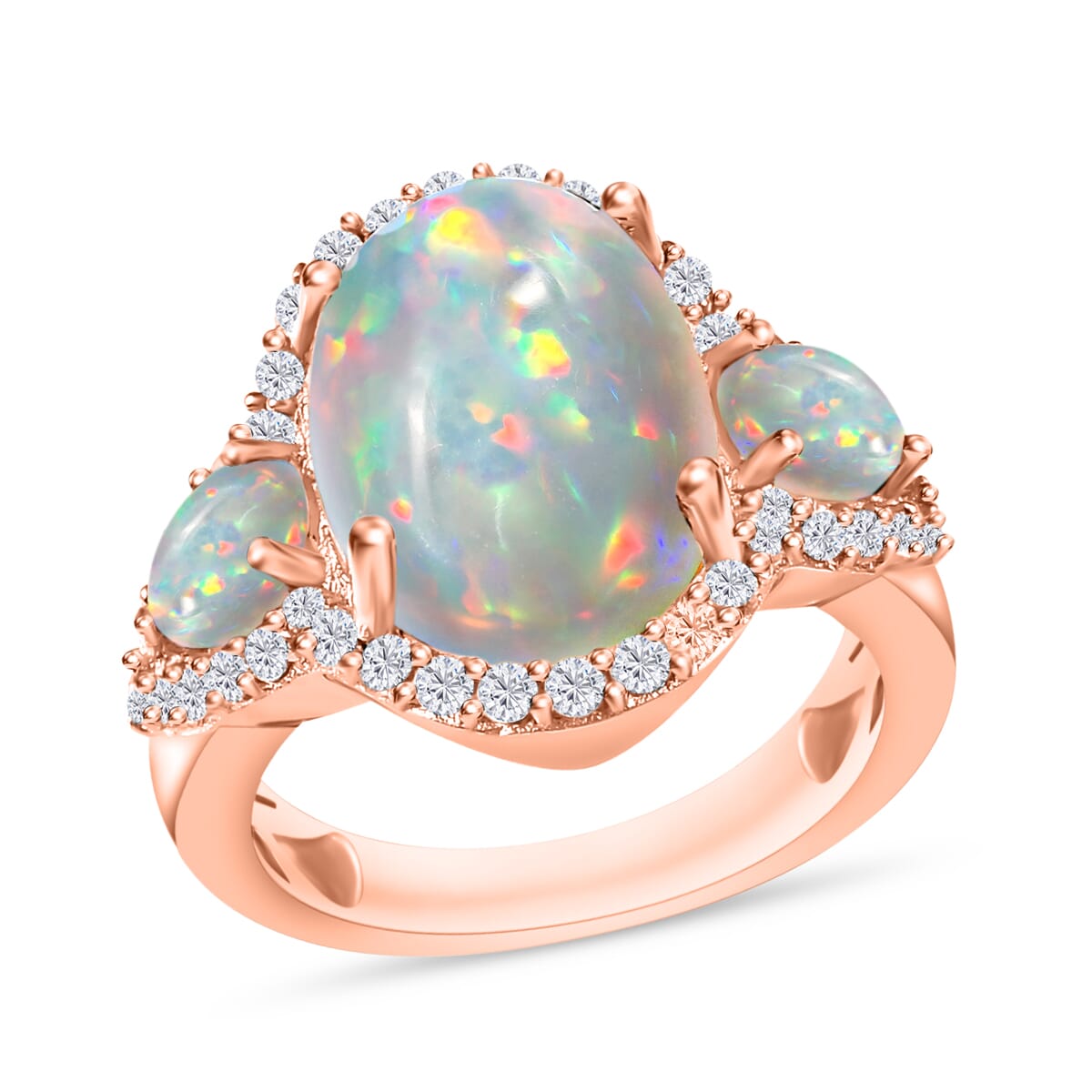 Premium Ethiopian Welo Opal and White Zircon 5.75 ctw Ring in 18K Vermeil Rose Gold Over Sterling Silver image number 0