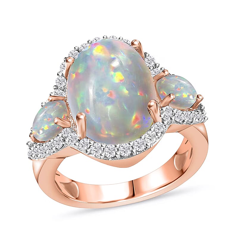 Premium Ethiopian Welo Opal and White Zircon 5.75 ctw Ring in 18K Vermeil Rose Gold Over Sterling Silver (Size 10.0)