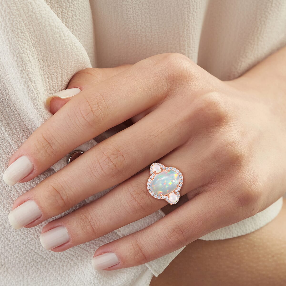 Premium Ethiopian Welo Opal and White Zircon 5.75 ctw Ring in 18K Vermeil Rose Gold Over Sterling Silver image number 1