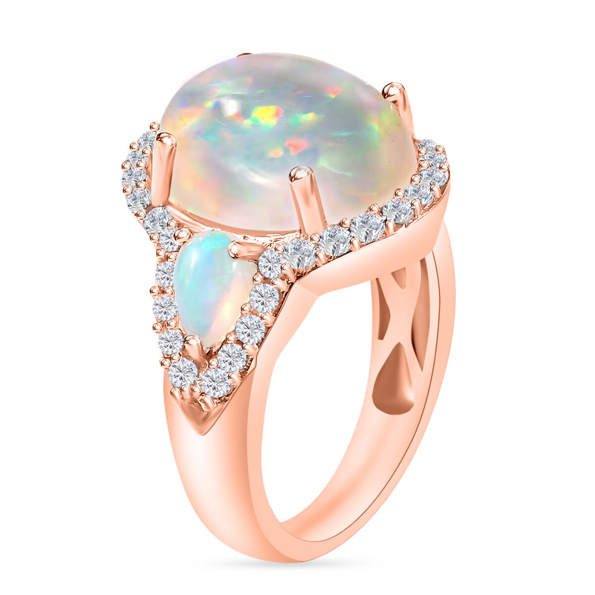 Premium Ethiopian Welo Opal and White Zircon 5.75 ctw Ring in 18K Vermeil Rose Gold Over Sterling Silver image number 2