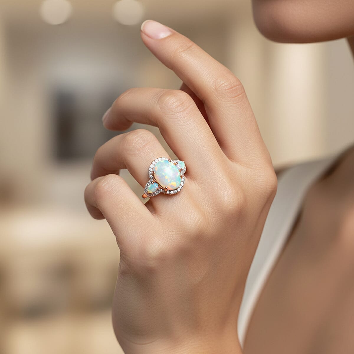 Premium Ethiopian Welo Opal and White Zircon 5.75 ctw Ring in 18K Vermeil Rose Gold Over Sterling Silver (Size 12.0) (Del. in 10-12 Days) image number 2