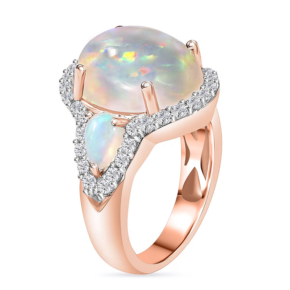 Premium Ethiopian Welo Opal and White Zircon 5.75 ctw Ring in 18K Vermeil Rose Gold Over Sterling Silver (Size 12.0) (Del. in 10-12 Days) image number 3
