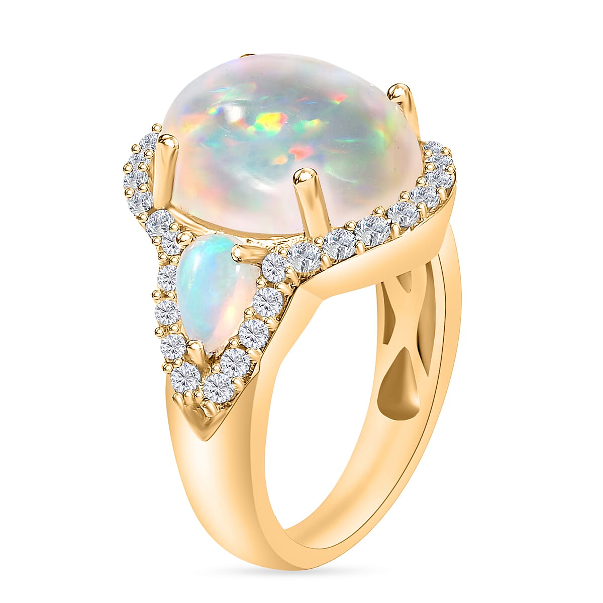 Premium Ethiopian Welo Opal and White Zircon 5.75 ctw Ring in 18K Vermeil Yellow Gold Over Sterling Silver (Size 10.5) (Del. in 10-12 Days) image number 2