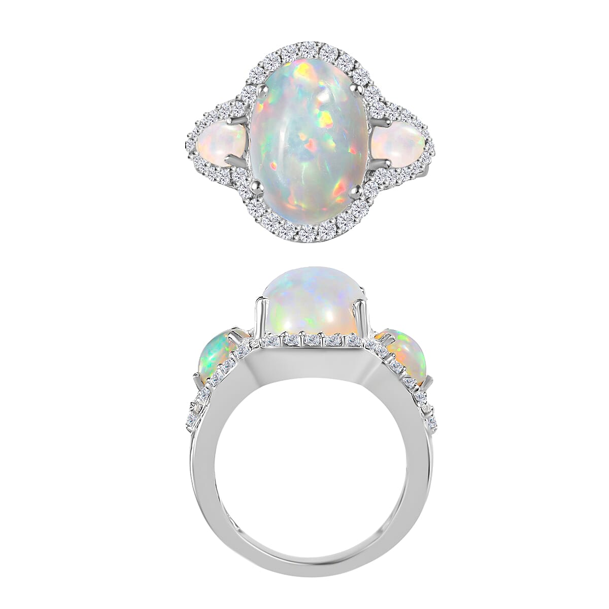 Premium Ethiopian Welo Opal and White Zircon 5.75 ctw Ring in Rhodium Over Sterling Silver (Size 11.0) (Del. in 10-12 Days) image number 3