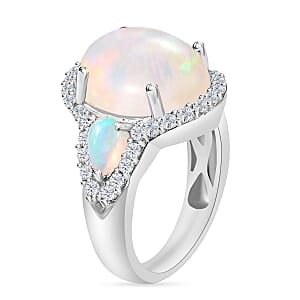 Premium Ethiopian Welo Opal and White Zircon 5.75 ctw Ring in Rhodium Over Sterling Silver (Size 6.0)