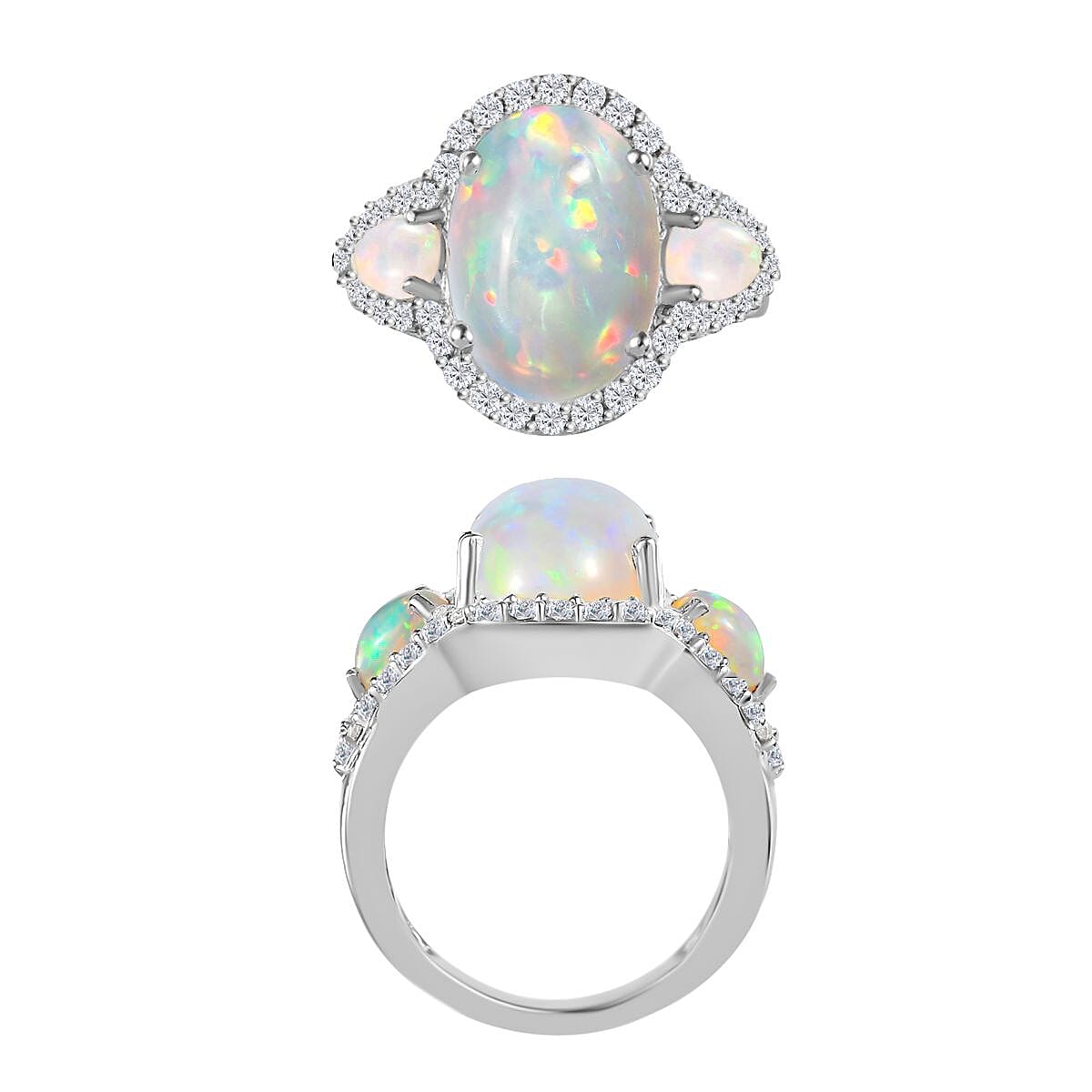 Premium Ethiopian Welo Opal and White Zircon 5.75 ctw Ring in Rhodium Over Sterling Silver (Size 7.5) (Del. in 10-12 Days) image number 3