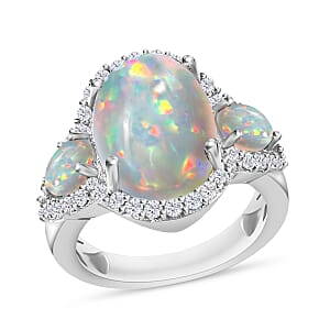 D'Joy Premium Ethiopian Welo Opal and White Zircon 5.75 ctw Ring in Rhodium Over Sterling Silver (Size 9.0)