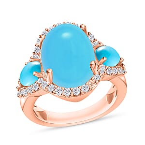 Premium Sleeping Beauty Turquoise and White Zircon 7.20 ctw Ring in 18K Vermeil Rose Gold Over Sterling Silver (Size 10.0)