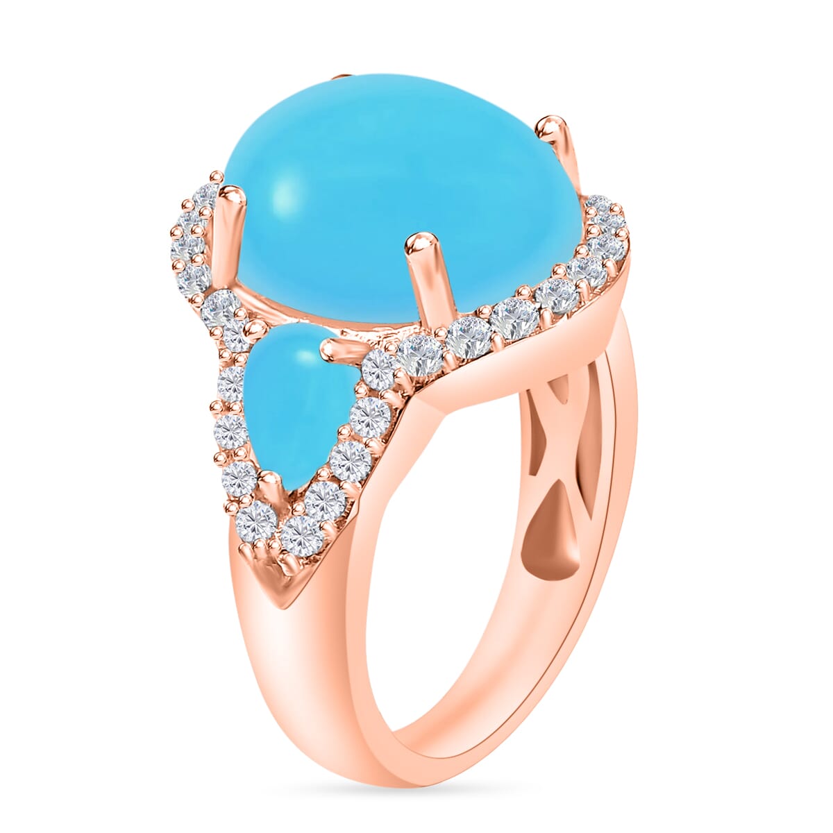 Premium Sleeping Beauty Turquoise and White Zircon 7.20 ctw Ring in 18K Vermeil Rose Gold Over Sterling Silver image number 2