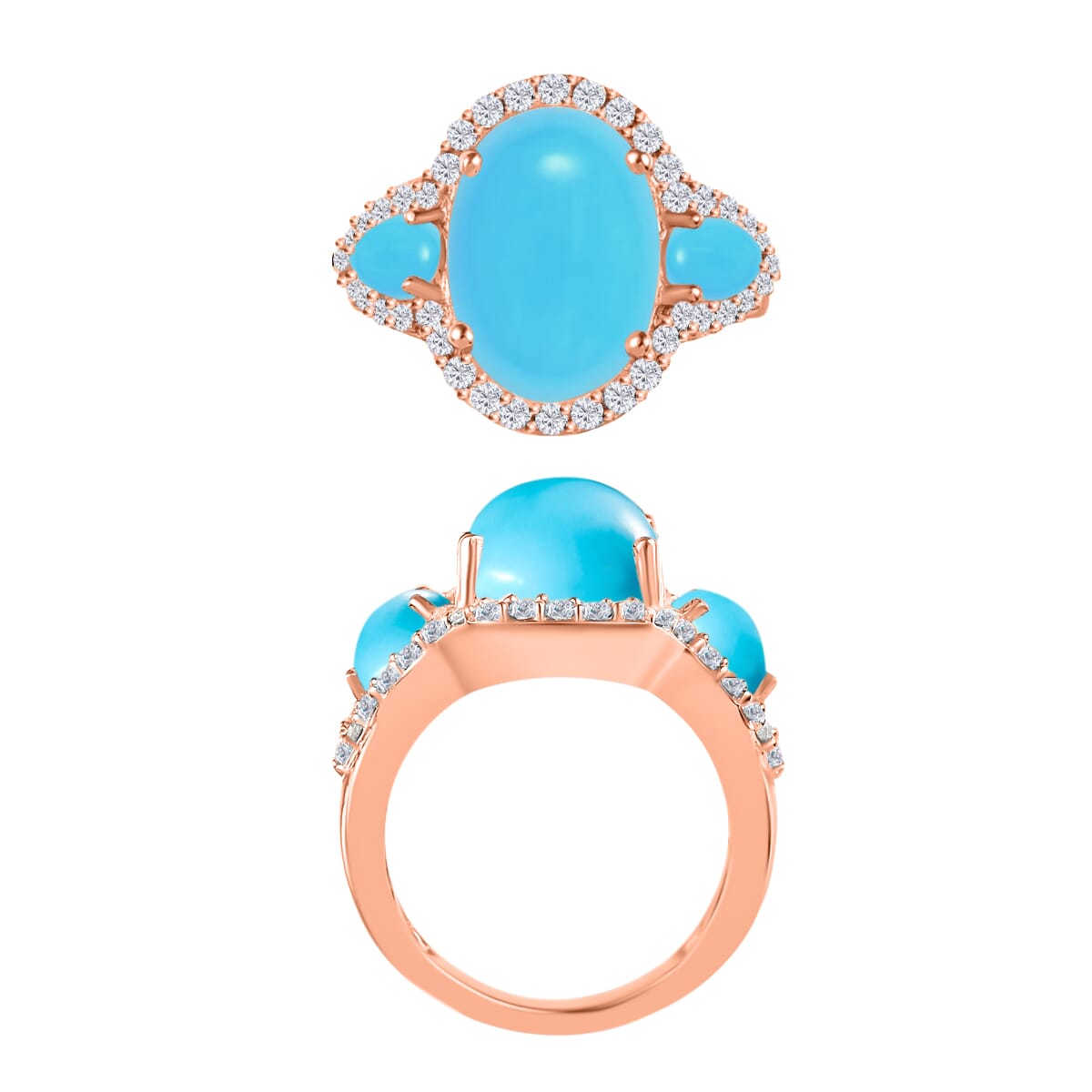 Premium Sleeping Beauty Turquoise and White Zircon 7.20 ctw Ring in 18K Vermeil Rose Gold Over Sterling Silver image number 3