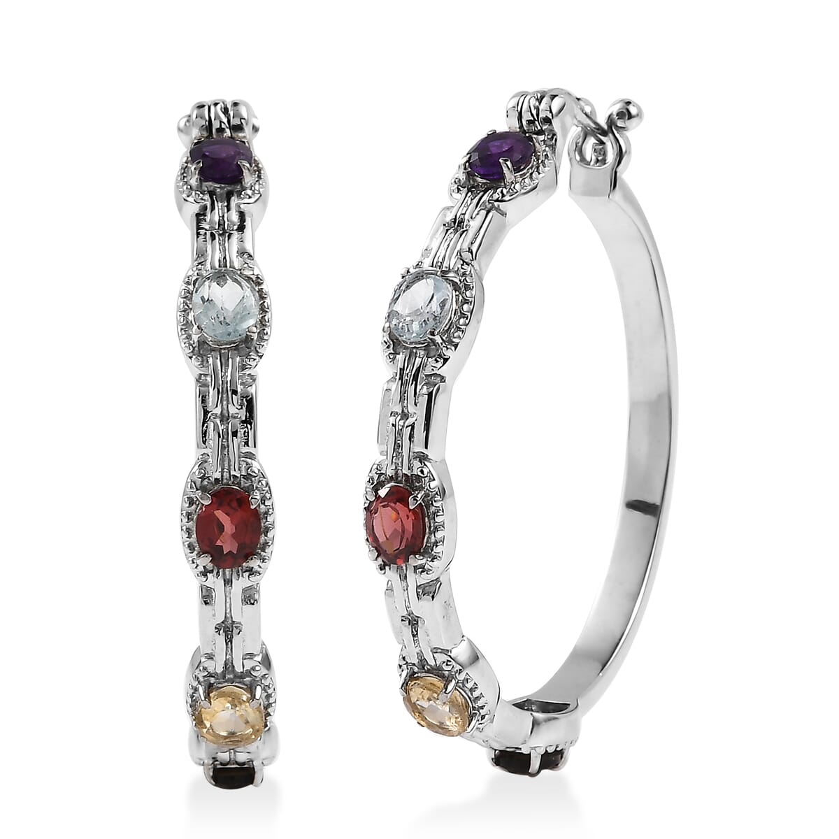 Multi Gemstone 3.40 ctw Hoop Earrings in Stainless Steel  image number 0