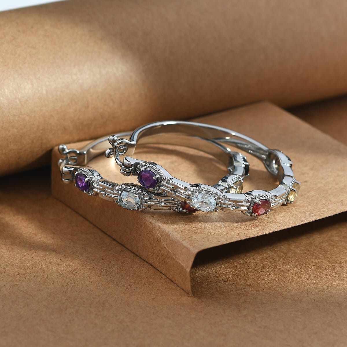 Multi Gemstone 3.40 ctw Hoop Earrings in Stainless Steel  image number 1