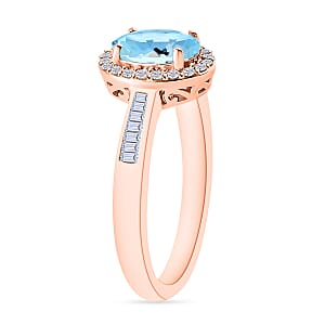 Mangoro Aquamarine, White Diamond Ring in 18K Vermeil Rose Gold Over Sterling Silver 1.65 ctw (Size 10.0)