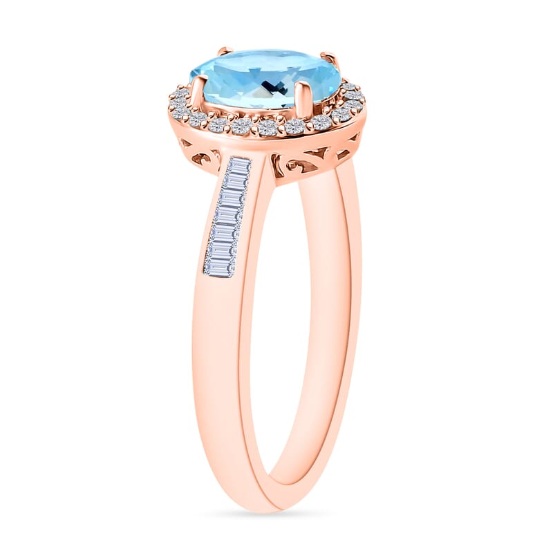 Mangoro Aquamarine, White Diamond Ring in 18K Vermeil Rose Gold Over Sterling Silver 1.65 ctw (Size 10.0)