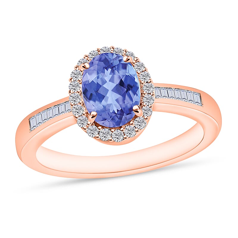 Tanzanite and White Diamond 1.65 ctw Ring in 18K Vermeil Rose Gold Over Sterling Silver (Size 10.0)
