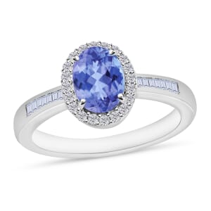 D'Joy Tanzanite and Diamond 1.65 ctw Ring in Rhodium Over Sterling Silver (Size 7.5)
