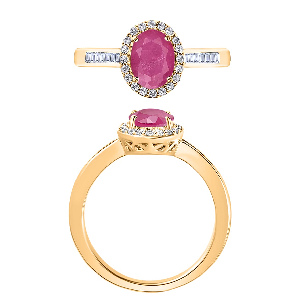 Mozambique Ruby and White Diamond 1.90 ctw Ring in 18K Vermeil Yellow Gold Over Sterling Silver (Size 7.0) (Del. in 10-12 Days) image number 3