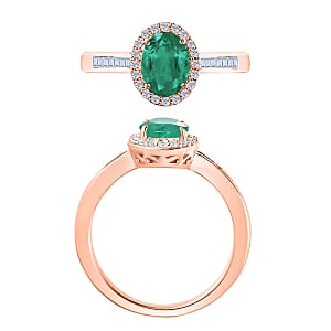 D'Joy Zambian Emerald, White Diamond Ring in 18K Vermeil Rose Gold Over Sterling Silver 1.50 ctw (Size 10.0)