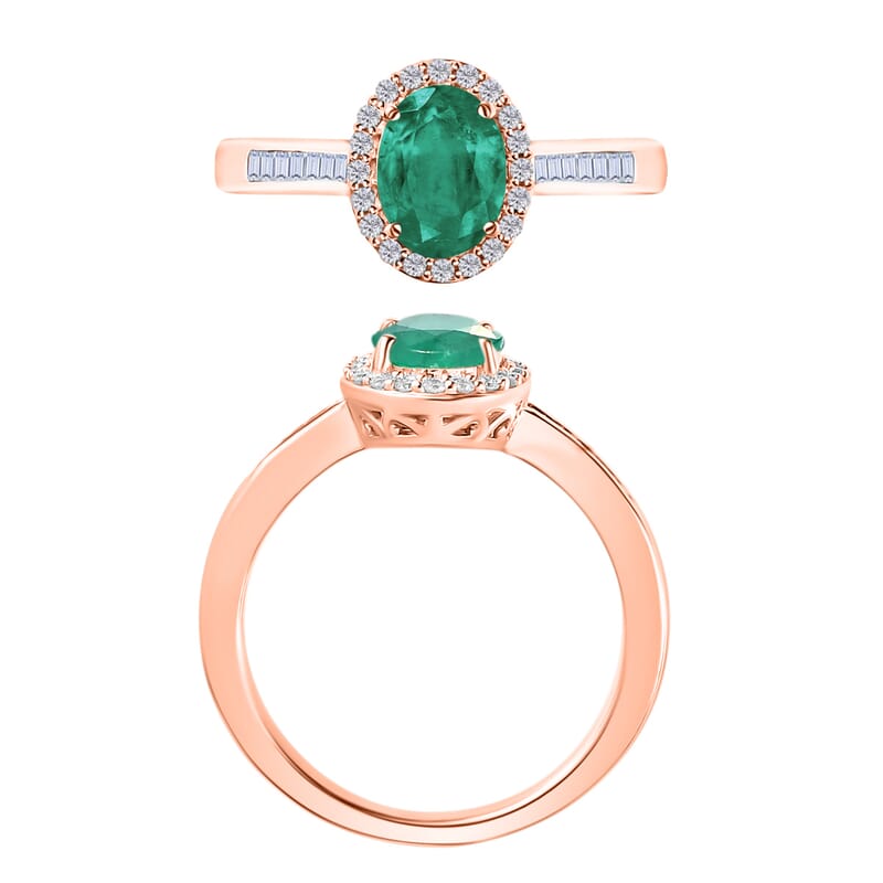 D'Joy Zambian Emerald, White Diamond Ring in 18K Vermeil Rose Gold Over Sterling Silver 1.50 ctw (Size 10.0)