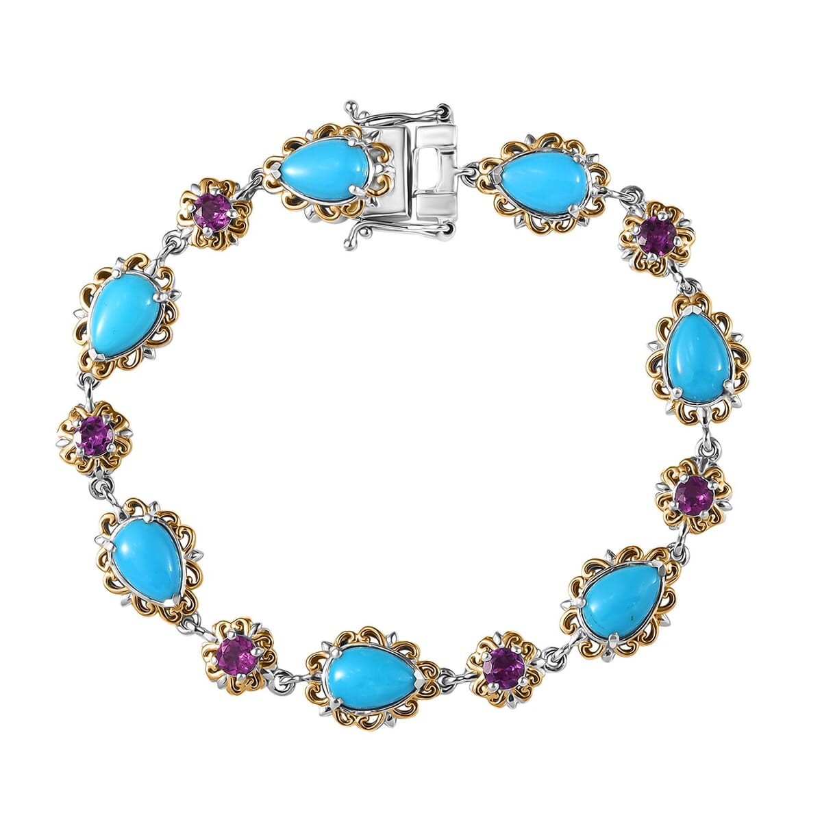 D'Joy Premium Sleeping Beauty Turquoise and Radiant Ember Garnet 10.50 ctw Victorian Garden Bracelet in 18K Vermeil YG and Rhodium Over Sterling Silver (7.25 In) image number 0