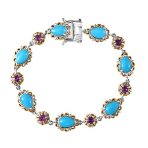 D'Joy Premium Sleeping Beauty Turquoise and Radiant Ember Garnet 10.50 ctw Victorian Garden Bracelet in 18K Vermeil YG and Rhodium Over Sterling Silver (7.25 In)