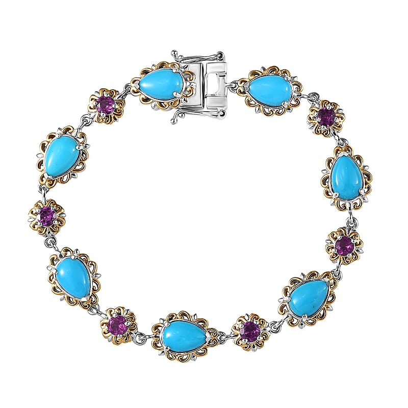 D'Joy Premium Sleeping Beauty Turquoise and Radiant Ember Garnet 10.50 ctw Victorian Garden Bracelet in 18K Vermeil YG and Rhodium Over Sterling Silver (7.25 In)