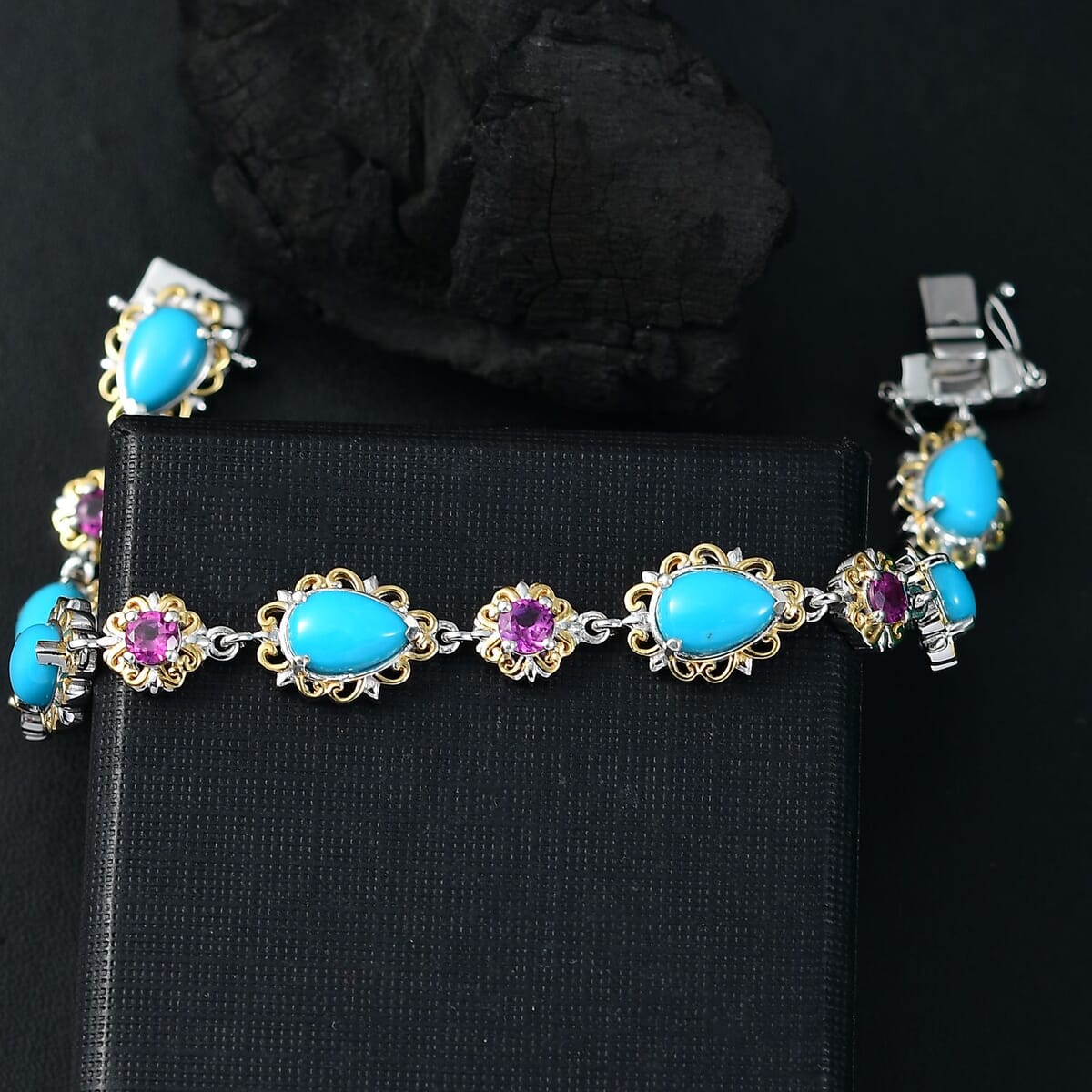 D'Joy Premium Sleeping Beauty Turquoise and Radiant Ember Garnet 10.50 ctw Victorian Garden Bracelet in 18K Vermeil YG and Rhodium Over Sterling Silver (7.25 In) image number 1