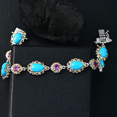 D'Joy Premium Sleeping Beauty Turquoise and Radiant Ember Garnet 10.50 ctw Victorian Garden Bracelet in 18K Vermeil YG and Rhodium Over Sterling Silver (7.25 In)