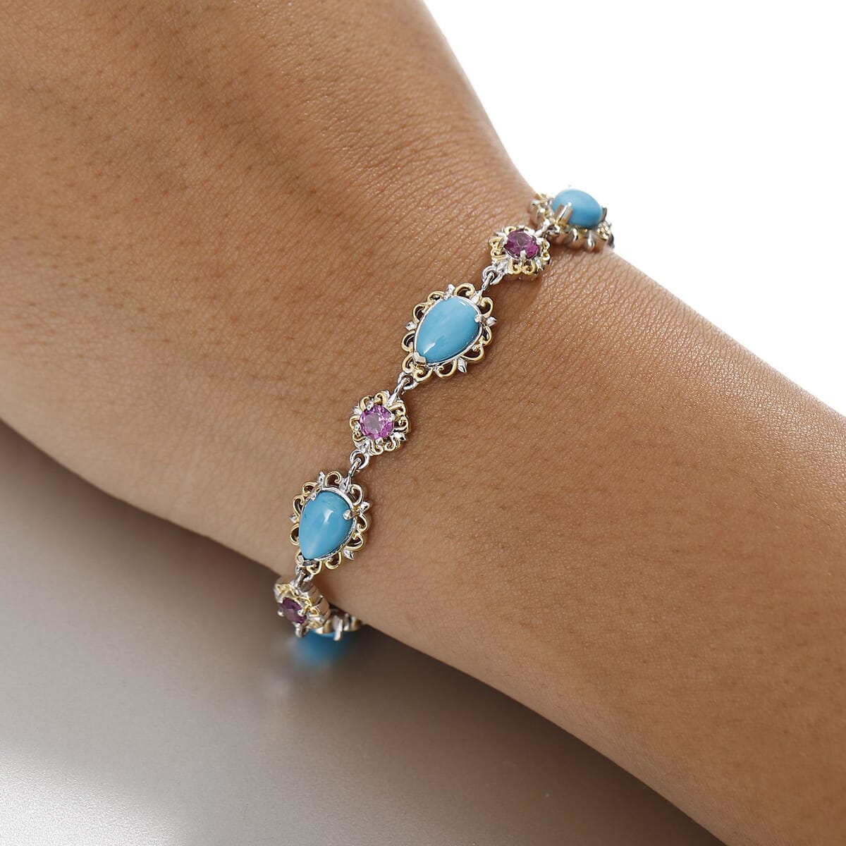 D'Joy Premium Sleeping Beauty Turquoise and Radiant Ember Garnet 10.50 ctw Victorian Garden Bracelet in 18K Vermeil YG and Rhodium Over Sterling Silver (7.25 In) image number 2