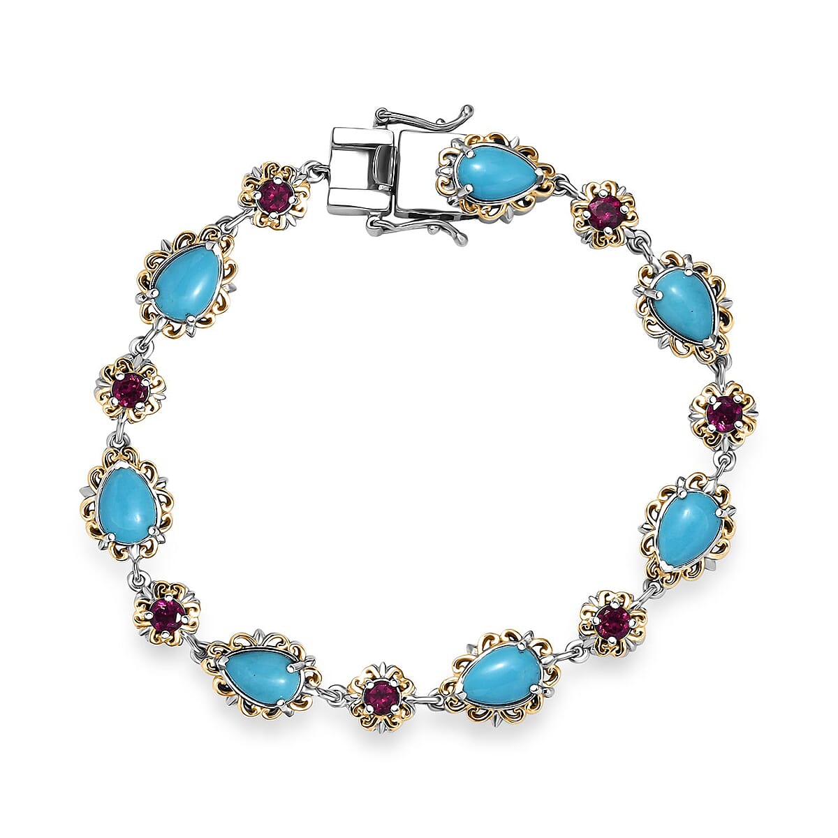 D'Joy Premium Sleeping Beauty Turquoise and Radiant Ember Garnet 12.00 ctw Victorian Garden Bracelet in 18K Vermeil YG and Rhodium Over Sterling Silver (8.00 In) image number 0